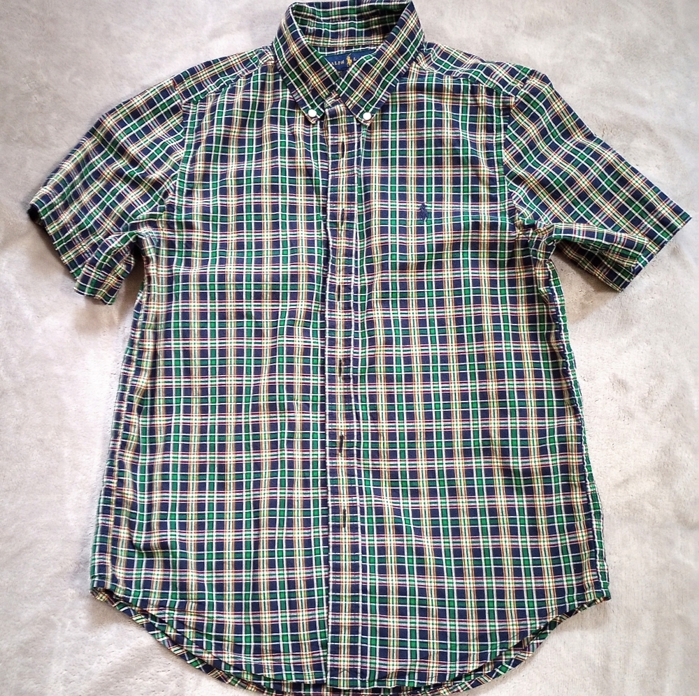 Boys Ralph Lauren Cotton Plaid SS Button Down Shirt L 14 16